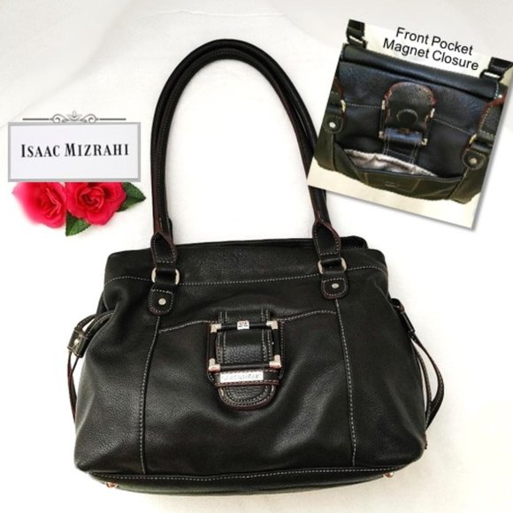 Isaac Mizrahi Black Leather Shoulder Bag Handbag Tote Satchel Magnet Drawstrings - Picture 3 of 13